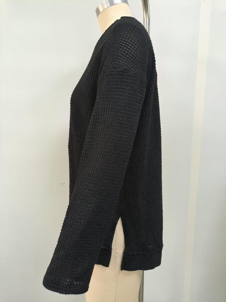 2025 European & American Waffle Knit Round Neck Long Sleeve Slit Solid Color Top for Women