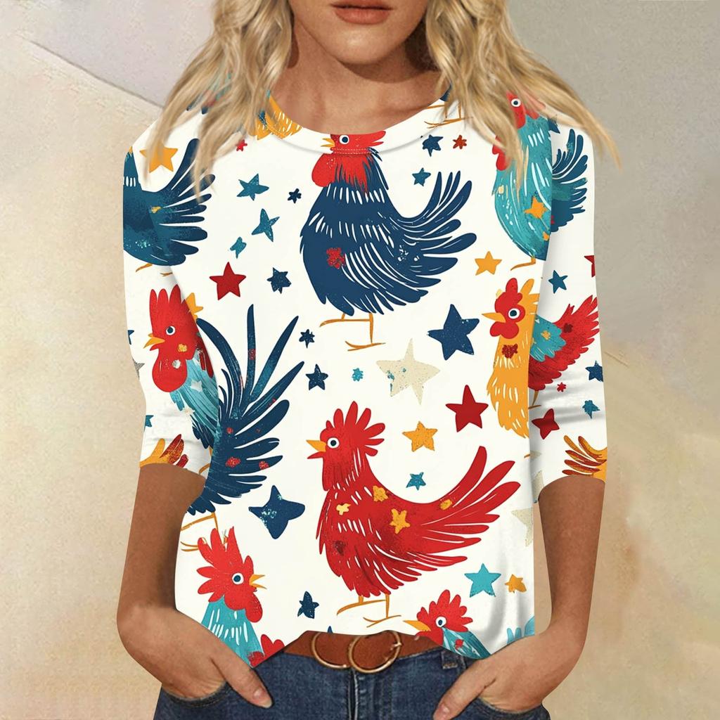 Women's Fashion Casual Round Neck 3/4 Sleeve Loose Printed T-Shirt Ladies Top