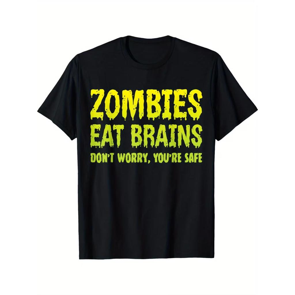 Men'S Funny Zombie Apocalypse T-Shirt - "Zombies Eat Brains Don't Worry You're Safe" Slogan, Black with Neon Green & Yellow Print