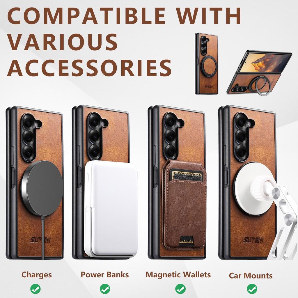 Samsung Z Fold7/6/5 Magnetic Wireless Charging Case with 360° Rotating Ring Stand and Leather Finish