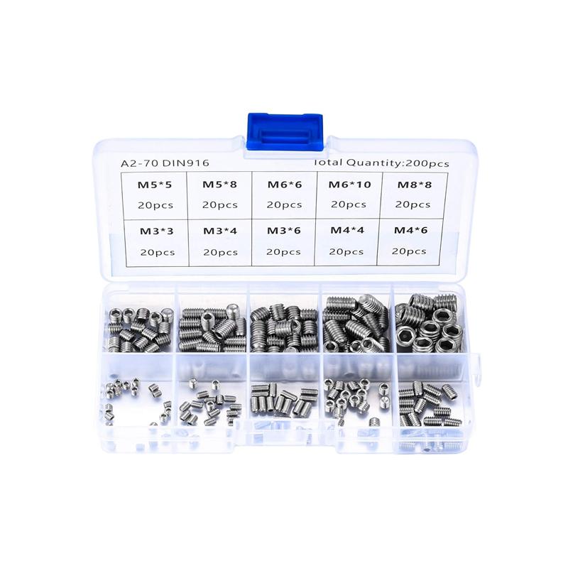 200Pcs Grub Screws Mixed Set with Storage Box Stainless Steel Cone Point Screws Hex Head Thread Socket Screw Assortment Kits