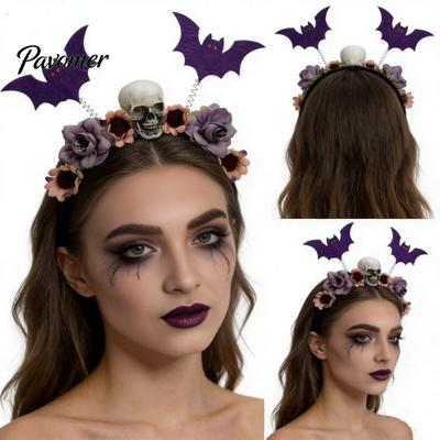 Decorative Cloth Headpieces Halloween Flower Skeleton Bat Headband, Gothic Floral Skull Hair Bands, Spooky Festive Decorations for Costumes Accessory,