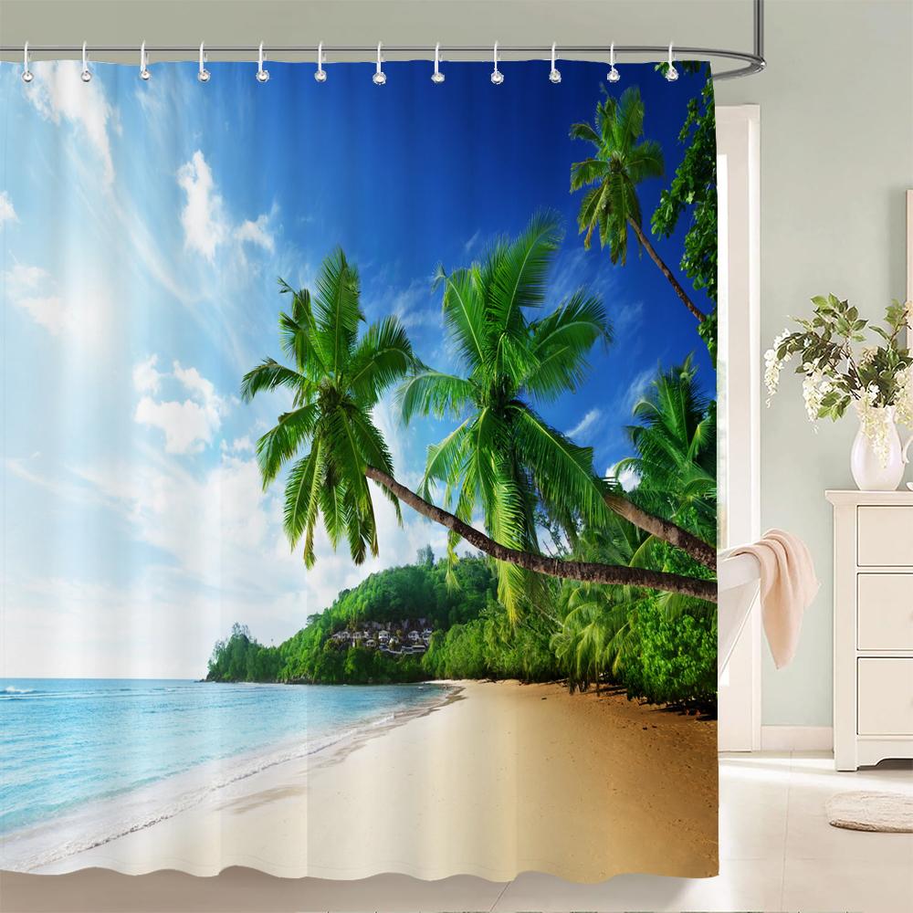 High Quality Sunny Beach Printed Fabric Shower Curtains Sea Scenery Bath Screen Waterproof Products Bathroom Decor with 12 Hooks