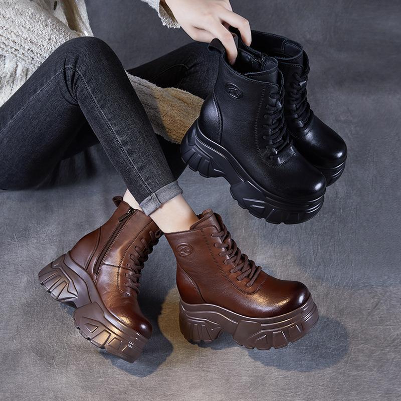 Retro thick-soled Martin boots for women's autumn and winter, small inner height increase handmade original short boots