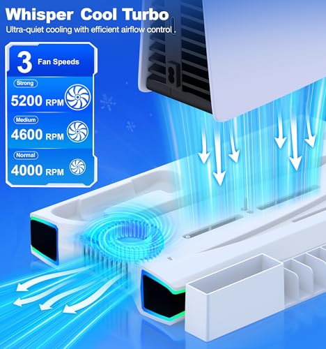 PS5 Slim Stand with 6-Color RGB Lights, PS5/PS5 Slim Controller Charging Stand, Simultaneous Charging of 2 Controllers, 3-Stage Cooling, PS5 Disc/Digi