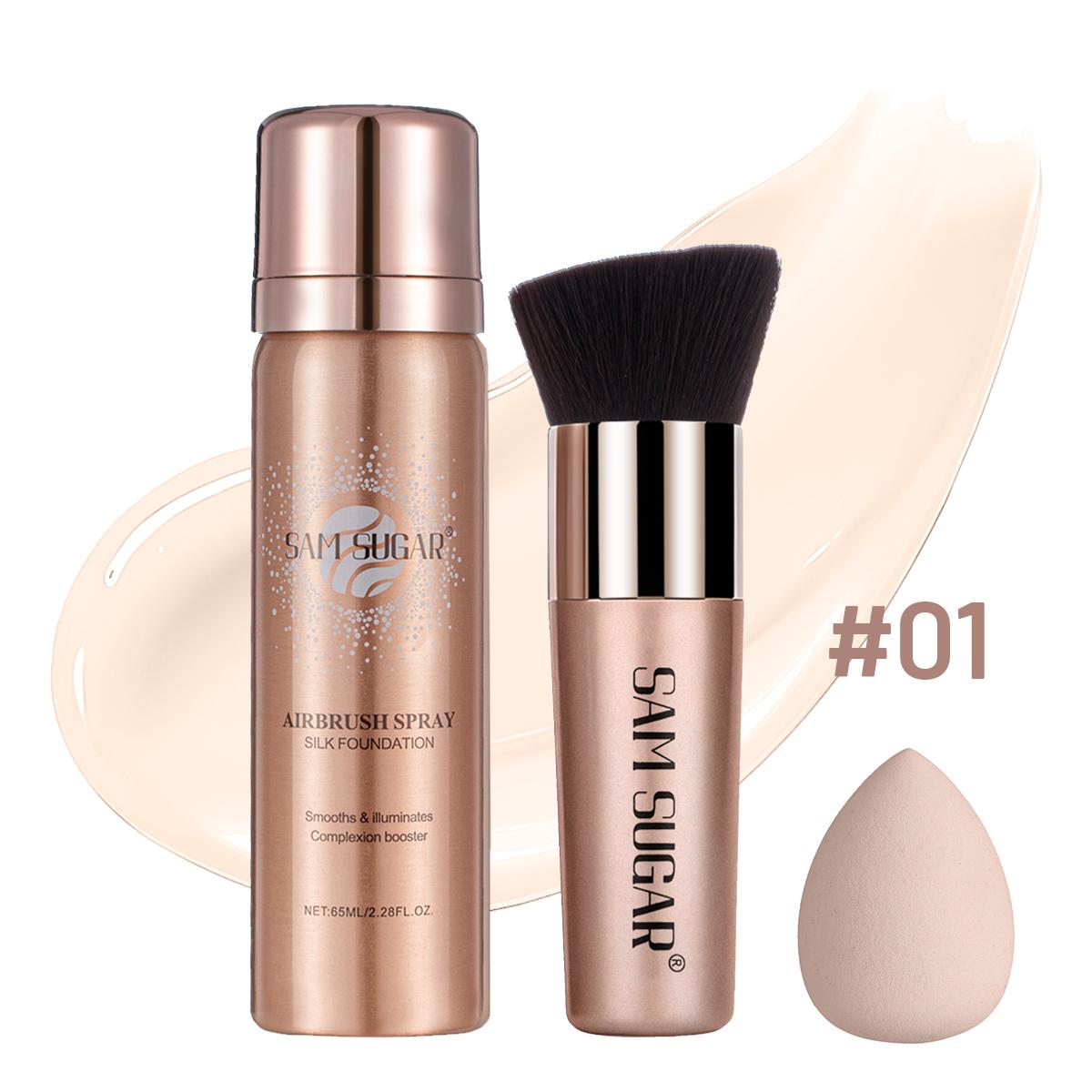SAM SUGAR Airbrush Spray Silk Foundation Set Liquid Foundation Spray with Makeup Brush and Beauty Sponge Long-Lasting Waterproof Face Makeup Kit 1#