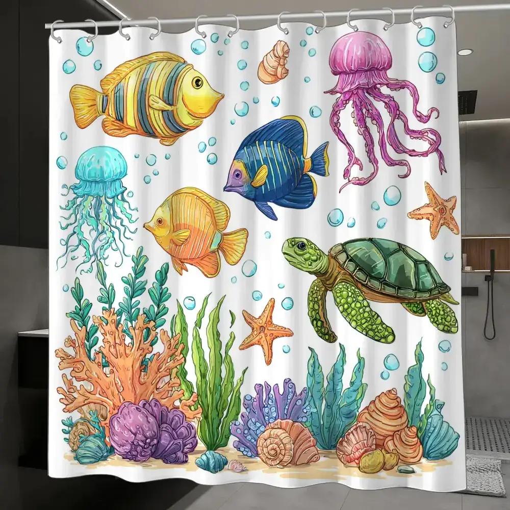 

Ocean Explorer Shower Curtain – Fish, Jellyfish & Turtle, 12 Hooks, 70.87×70.87 Kids-Friendly Bathroom Decor W60H190(CM)-1 Pcs