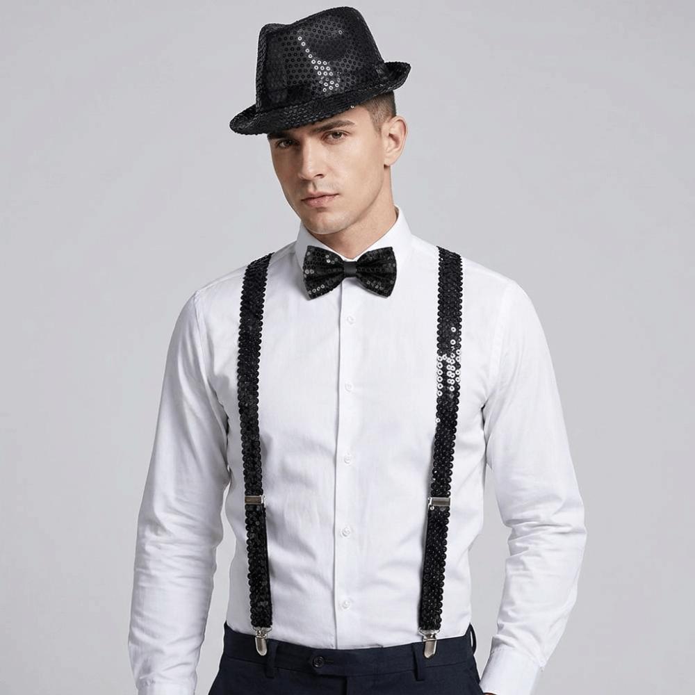Performance Sequined Hat Solid Color Suspenders Fashion Performance Props Set  Christmas