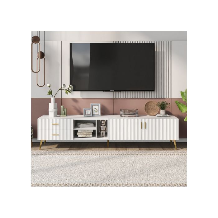 Meuble TV pour TV 75", Centre de divertissement moderne, Console média (Blanc)