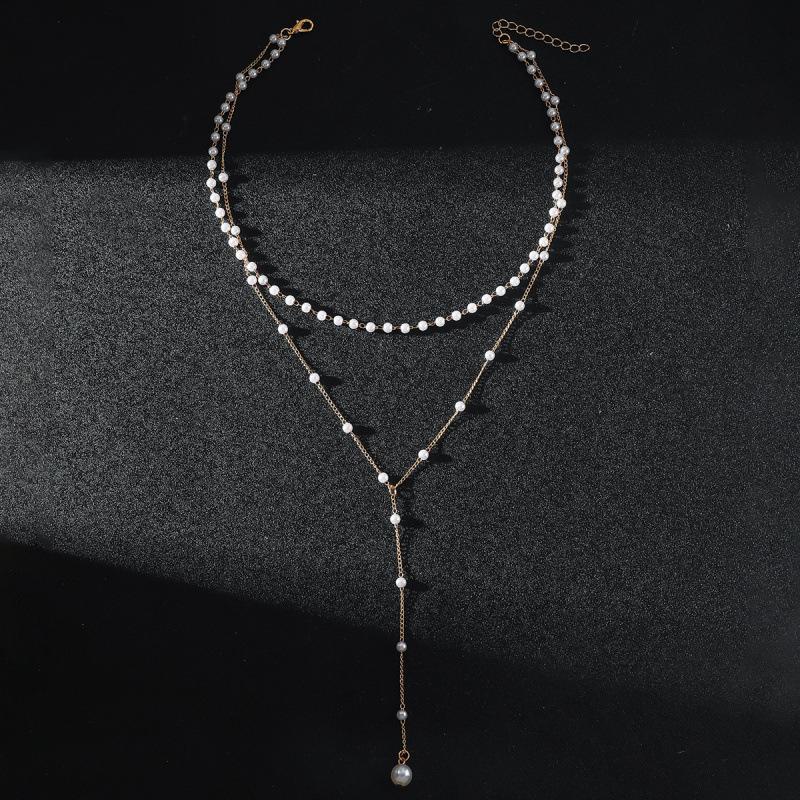 Chic European & American Y-Shape Faux Pearl Tassel Double Layer Necklace - Light Luxury Statement Piece