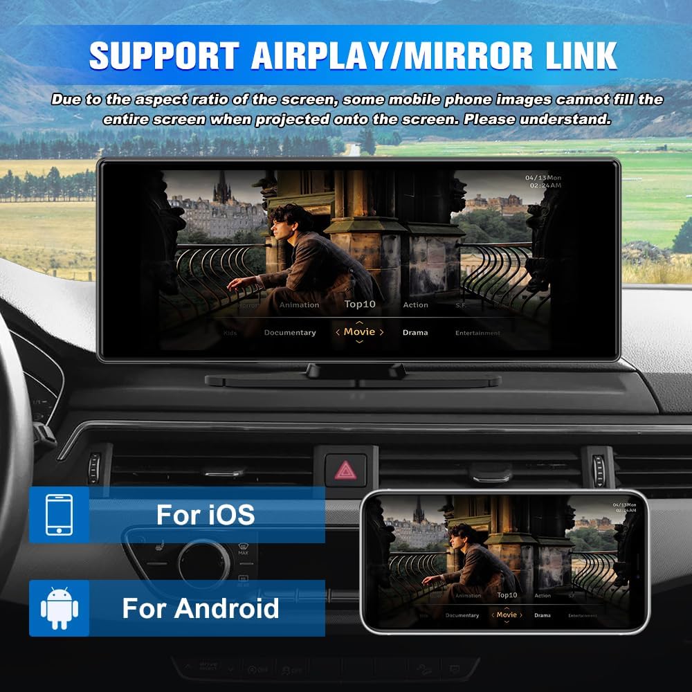10.26' CarPlay Screen with 4K Dash Cam & 1080P Backup Camera, Supports CarPlay/Android Auto, GPS, Bluetooth