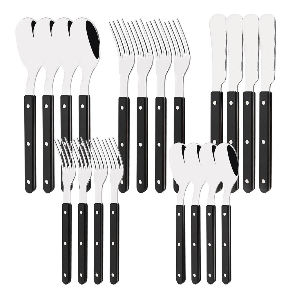 20 PCS Stainless Steel Flatware Set Service for 4, Retro Style  Tableware Forks Spoons Knives Eating Utensils, Acrylic Handle with Rivets Design
