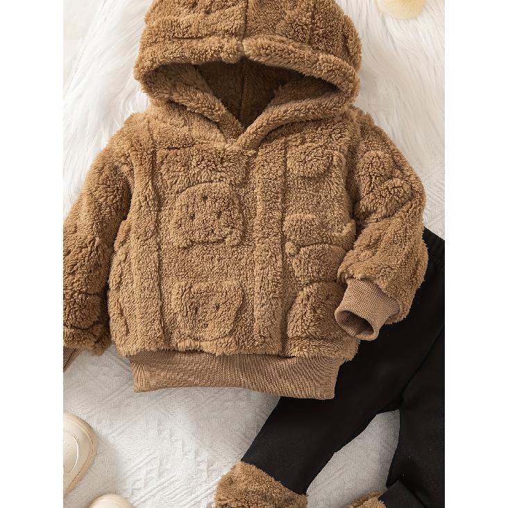 high quality[Girls' Bear Hoodie Set] Girls' Warm Plush Bear Hoodie & Pants Set | Casual Cute Two-Piece with Little Bears Pattern | Autumn Winter