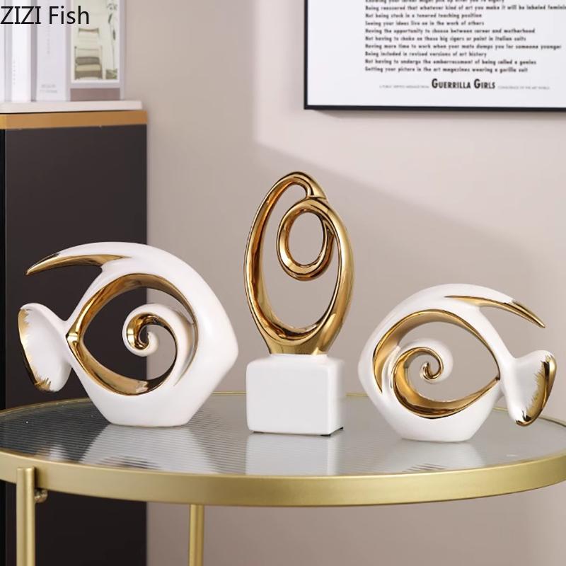 Gold Plated Endless Chain Abstract Artwork Ceramic Statue Desk Decoration Ornaments Chain Sculpture Room Aesthetics Decor