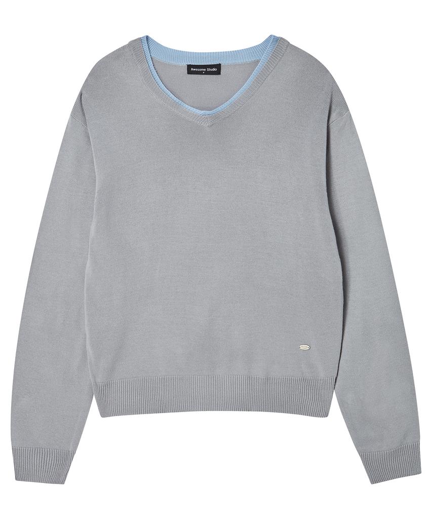 AWESOME STUDIO Classic Layered V-Neck Knit Gray