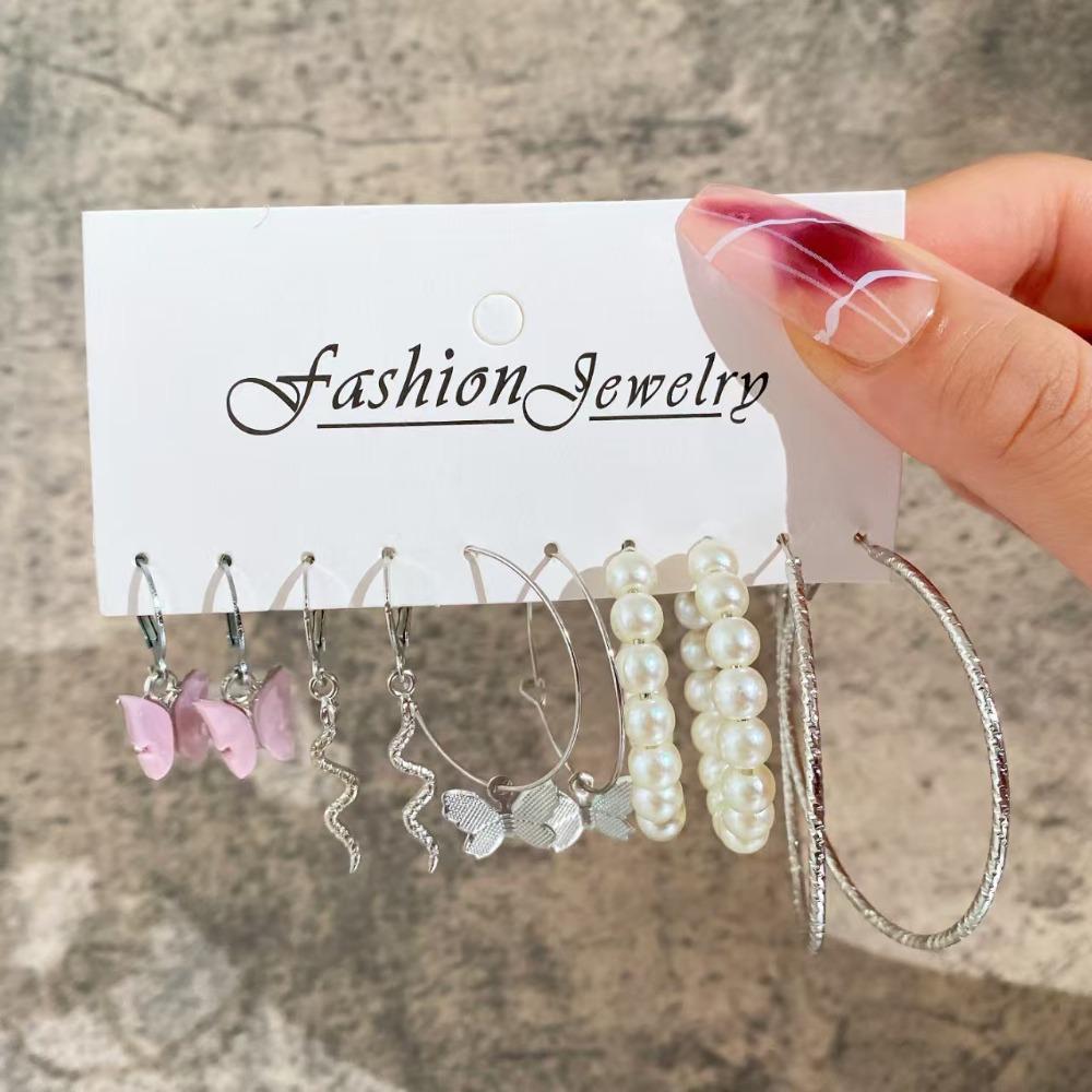 5pcs Set Creativity Snake Shape Acrylic Butterfly Pearl Dangle Earring Set for Women Fashion Hoop Earring Jewelry Accessories