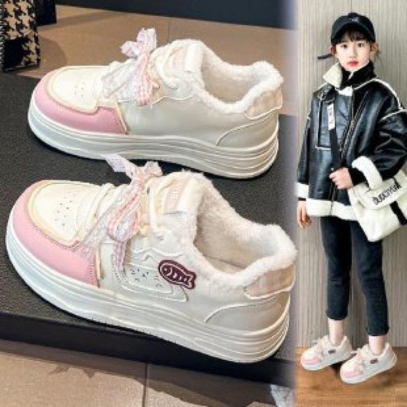 Kids Pink White Color Block Fish Embroidered Fleece Lined Sneakers 28 розовый
