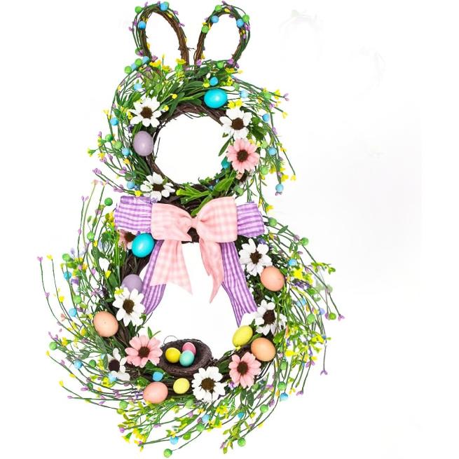 25 Inch Easter Bunny Wreaths for Front Door Decoration,Easter Door Wreath with Pastel Eggs Artificial Floral Decorations for Home Indoor Outdoor