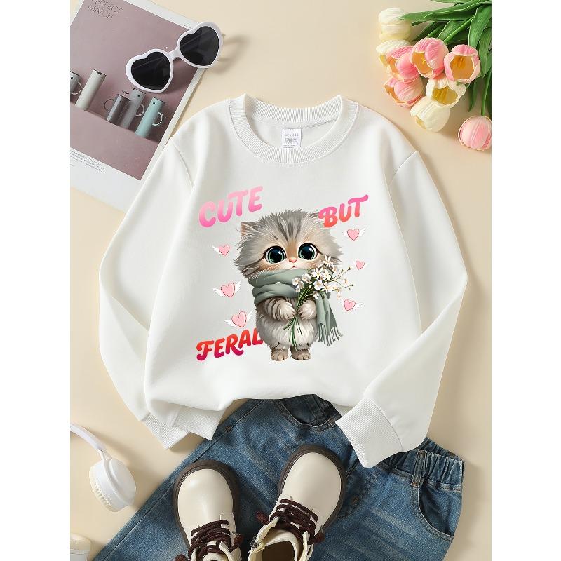 Cute But Feral Cat With Flowers | 2026 New Girls' Long-Sleeve Casual Crewneck Sweatshirt, Suitable For Outdoor Sports | Composite Fabric