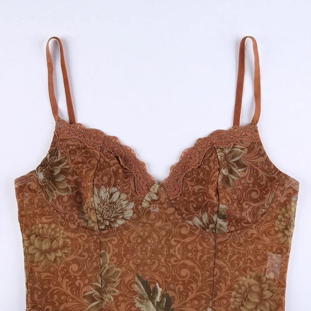 Slim Fit Lace Camisole Brown Lace Splicing Tank Top Streetwear Lace Corset Travel