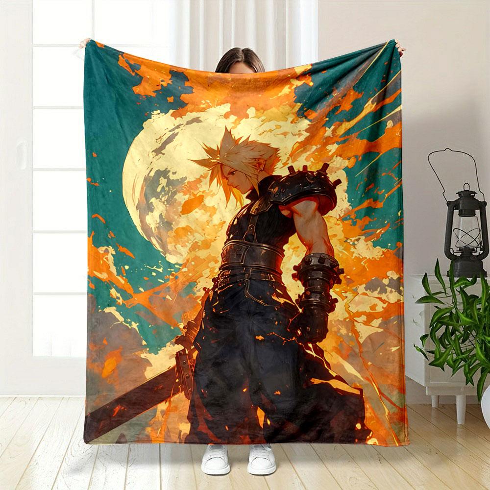 Fiery orange splashes surround a figure with spiked hair under a glowing moon. for all seasons blanket lunch break throw gift