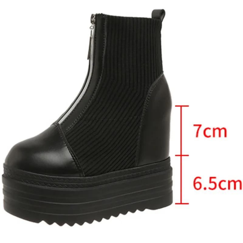 2024 New Autumn Winter Thick Sole Women Boot Fashion Round Head Front Zipper Platform High Heels Women's Leather Ankle Boots