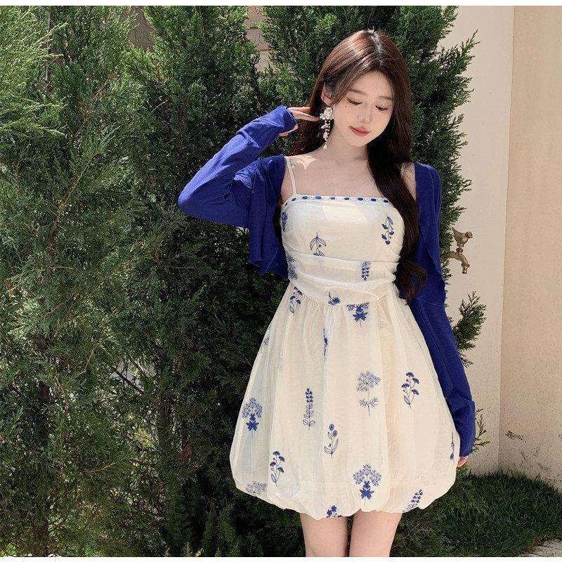 Plus Size French-Style Floral Dress & Sun Protection Cardigan Set for Women