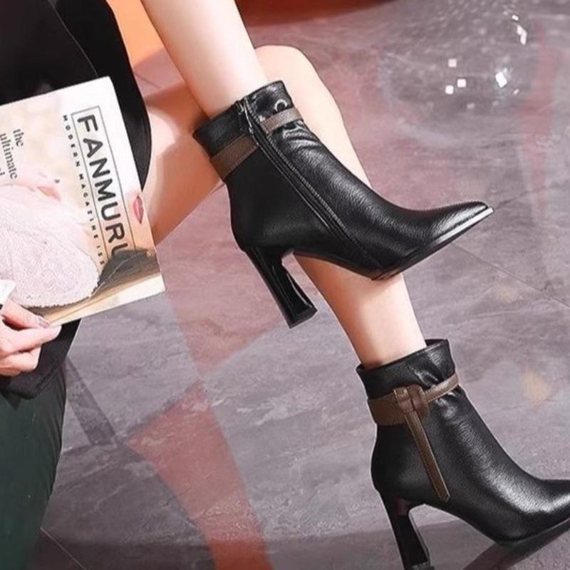 High-heeled Short Boots Women's Autumn and Winter New Pointed Thick-heeled Fashion Boots Belt Buckle Color Matching Temperament Versatile Martin Boots