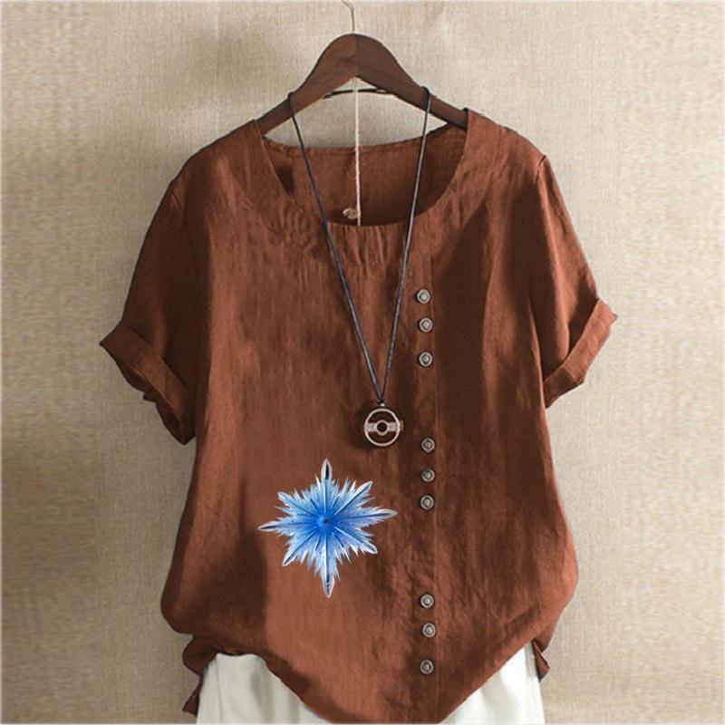 Women's Fashion snowflake Prined Round Neck Short Sleeve T-shirt Casual Cotton Linen Graphic Shirt Leisure Loose Summer Blouse Tops Plus Size