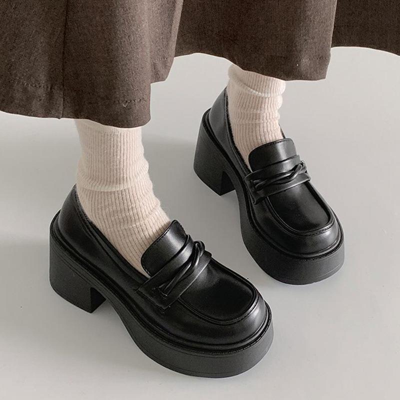 Lucyever Preppy Style Dicke Absätze Pumps für Damen 2024 Lackleder Klobige Plateau Slipper Frau Y2K Slip On Jk Lolita Schuhe