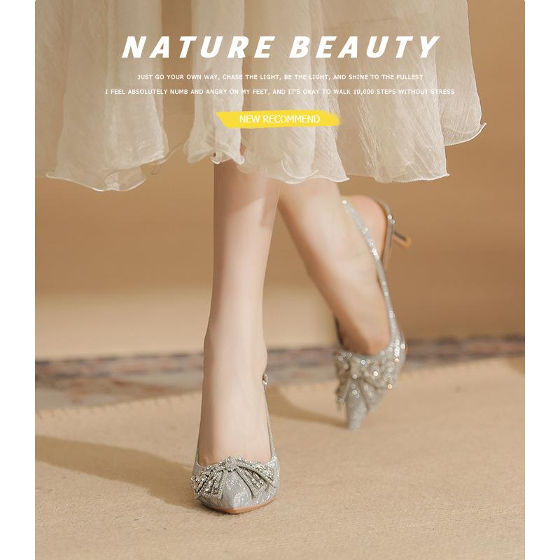 7520-5 [sheepskin] high-heeled wedding shoes women's thin heels summer 2025 new pointed rhinestone bow sandals