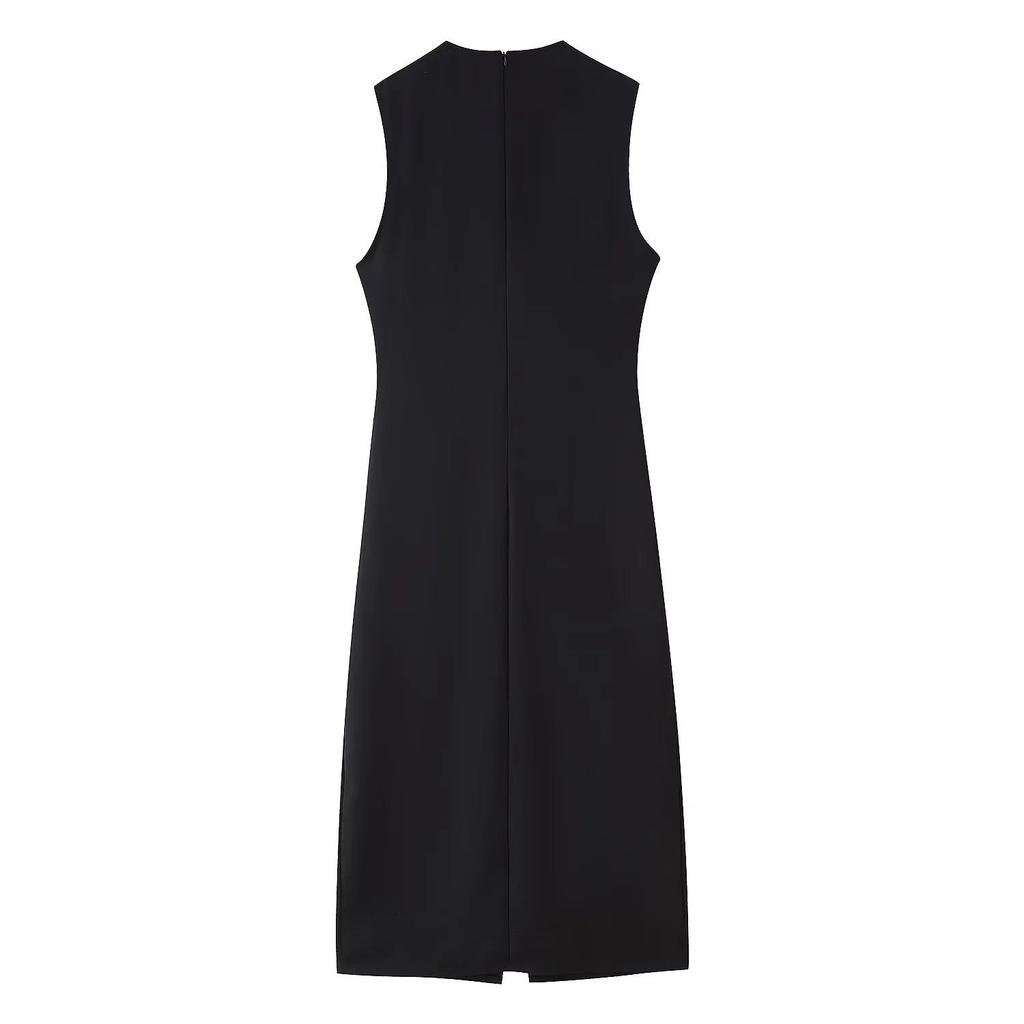 European and American Women's Sleeveless Belted Midi Dress - Chic, Round Neck Style