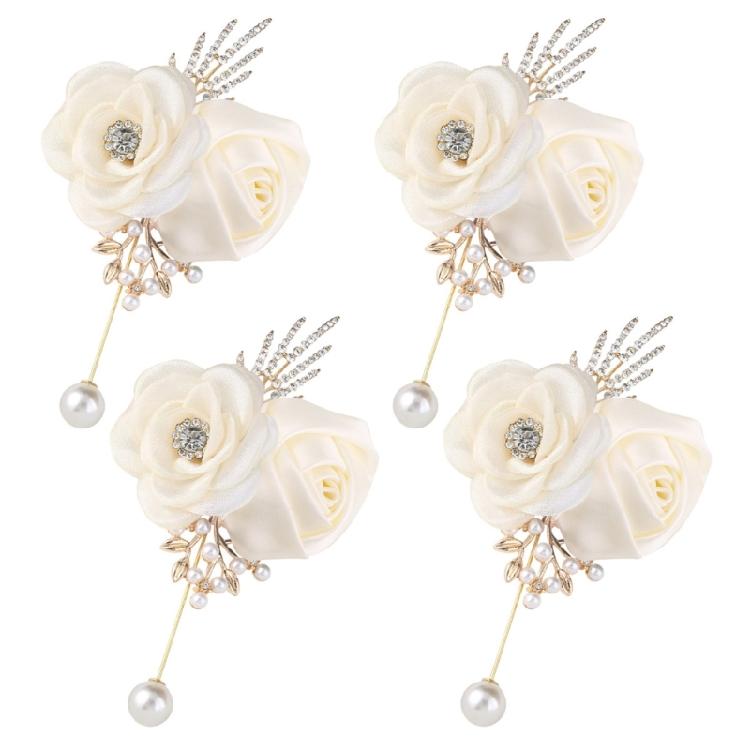 4PCS Camellia Rose Wedding Corsage Boutonniere Flower Brooch Pin For Bridal Shower Dinner Parties Formal Event Wear