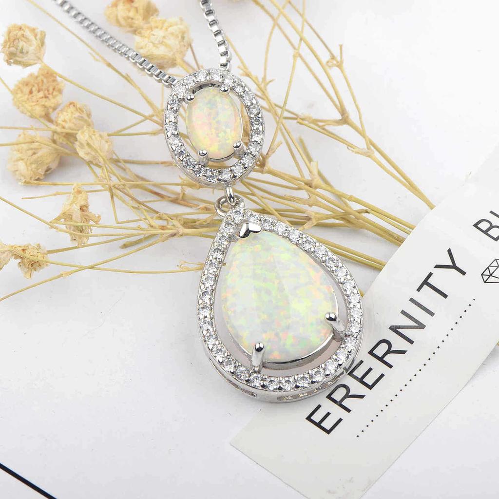 Silver Plated Lab Created White Opal Teardrop Necklace Design Sweater Chain Ocean Pendant Trendy Gift