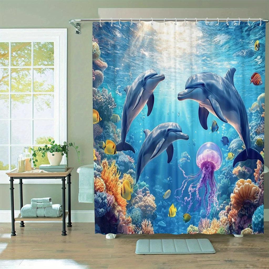 Attractive Dolphin Pattern Washable Dirt-Resistant Shower Curtain Shower Head Waterproof Polyester Bath Curtain For Home Decor