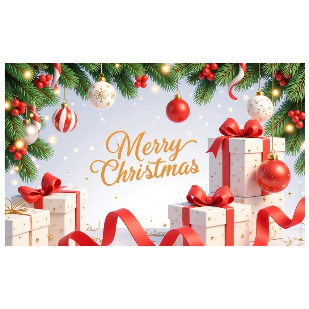 Baner na przyjęcie świąteczne ze złotymi akcentami, tło na wydarzenie, dekoracja świąteczna, gałązki choinkowe, świąteczny baner na wydarzenie sezonowe, do domu