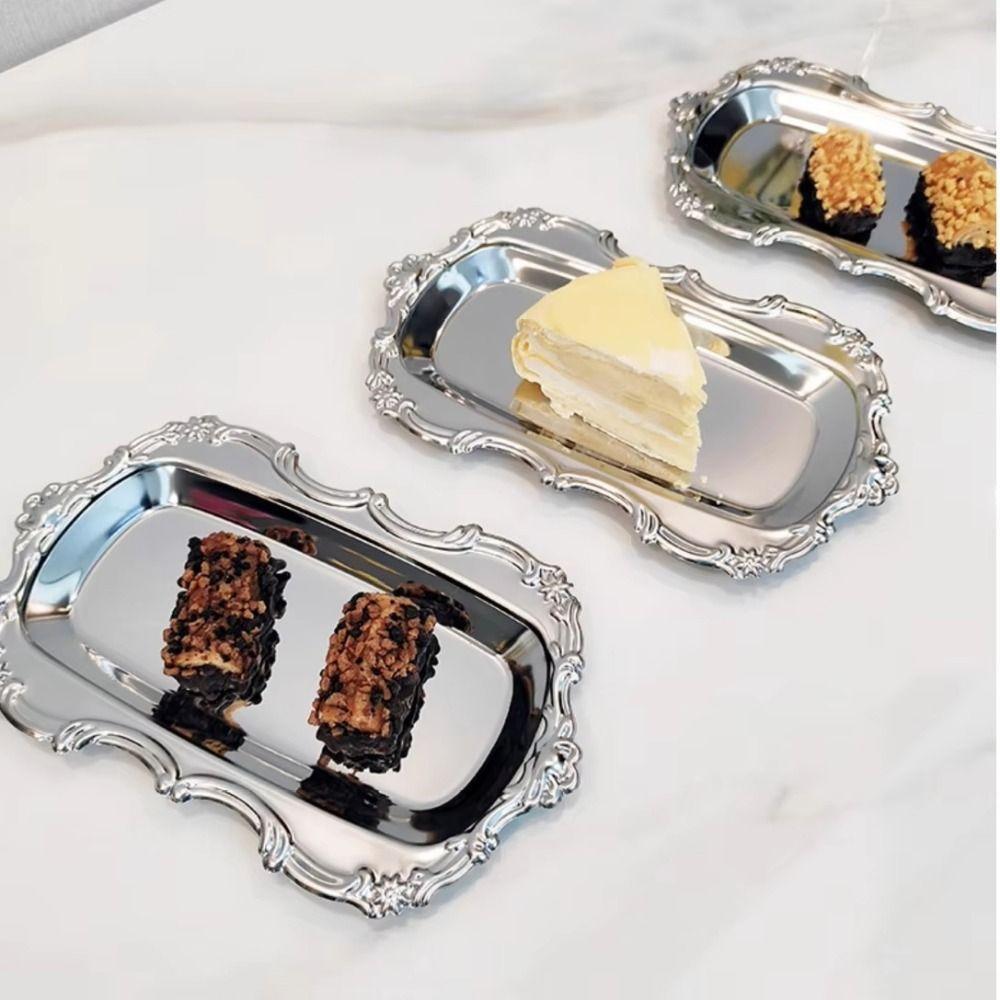 European Style Vintage Embossed Tray Embossed Design Gold/Silver Retro Serving Platter Save Space Stainless Steel