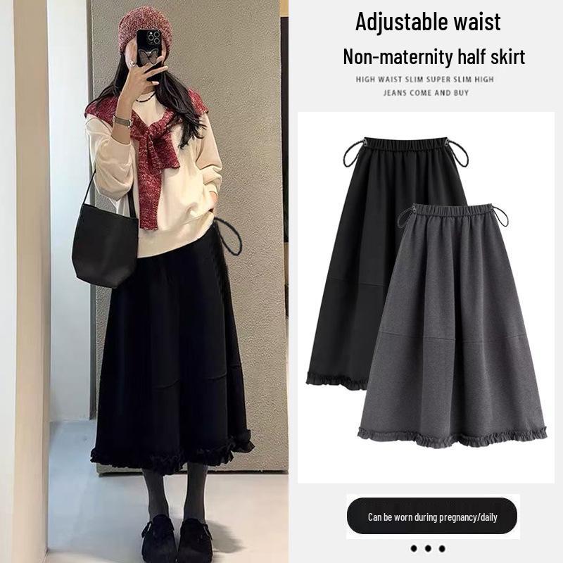 Autumn/Winter High-Waisted Adjustable Ruffle Lace A-Line Maternity Skirt Medium