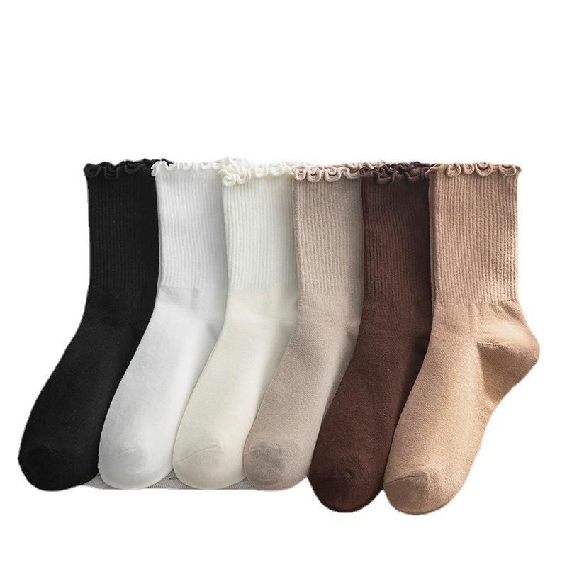 Women's Mid-Calf Ruffle Lace Socks, Coffee Color, Japanese/Korean Style, Cute Solid Color, Versatile and Girly for Spring/Fall.