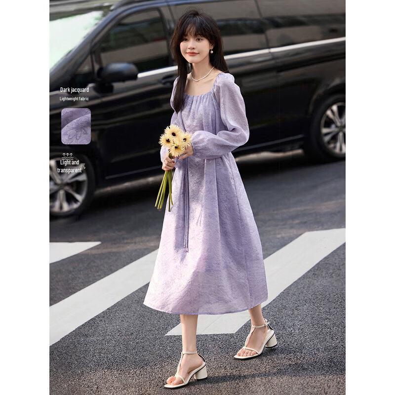 Elegant Jacquard Pleated Square Neck Dress M
