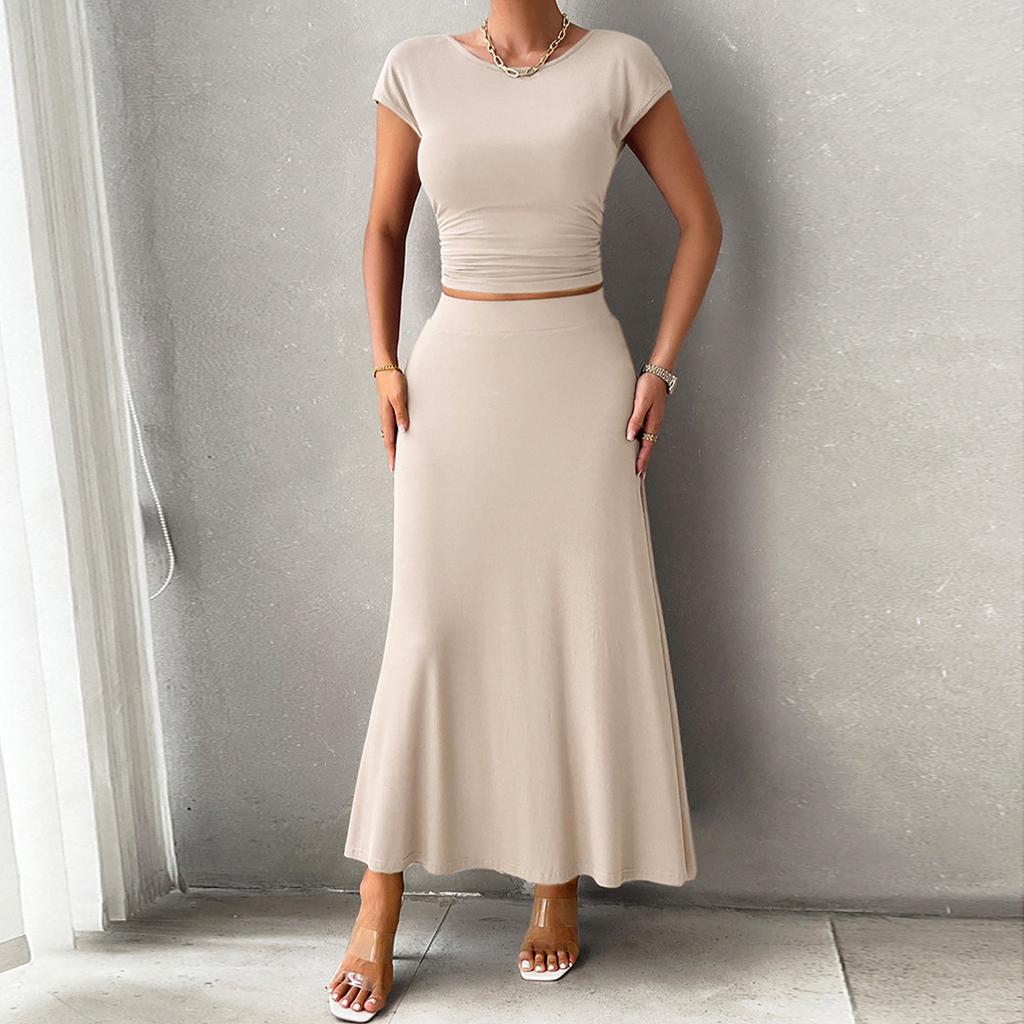 Women's Spring And Summer Short-sleeved Tops Temperament Slim Fit Solid Color Short-sleeved Half-length Dress Set