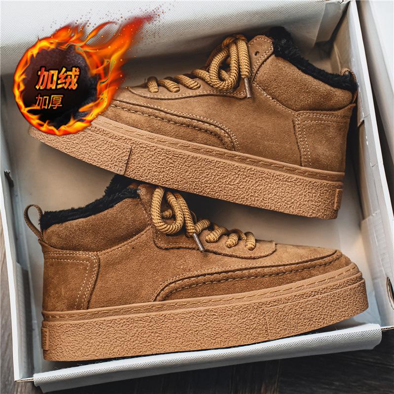 Sapatos masculinos de cano alto inverno preto versátil de cano médio tênis de skate esportivos sola grossa masculinos de inverno veludo quente e à prova de frio sapatos de algodão