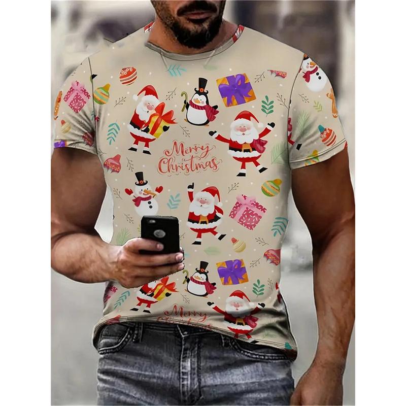 Christmas Tree Pattern Men's T-Shirt Funny Santa 3D Print Summer Casual Short Sleeve Crew Neck Top