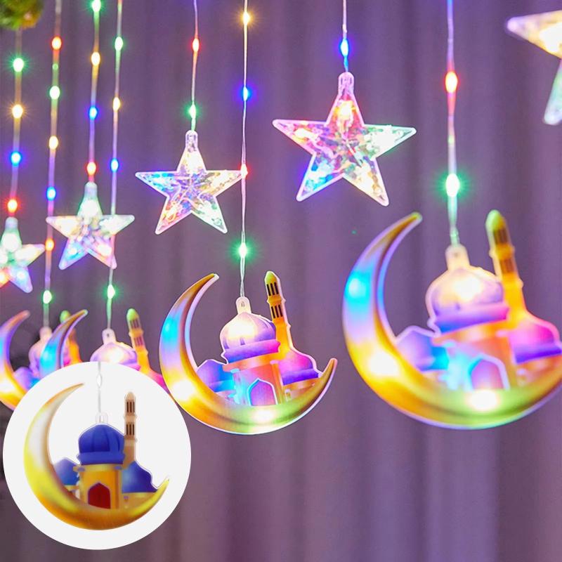 1 stk LED Stjernegardin Dekorativt Lys Måne Slott Lyslenke Fargerikt Lys Blinkende Lyslenke Full av Stjerner Romdekorasjon