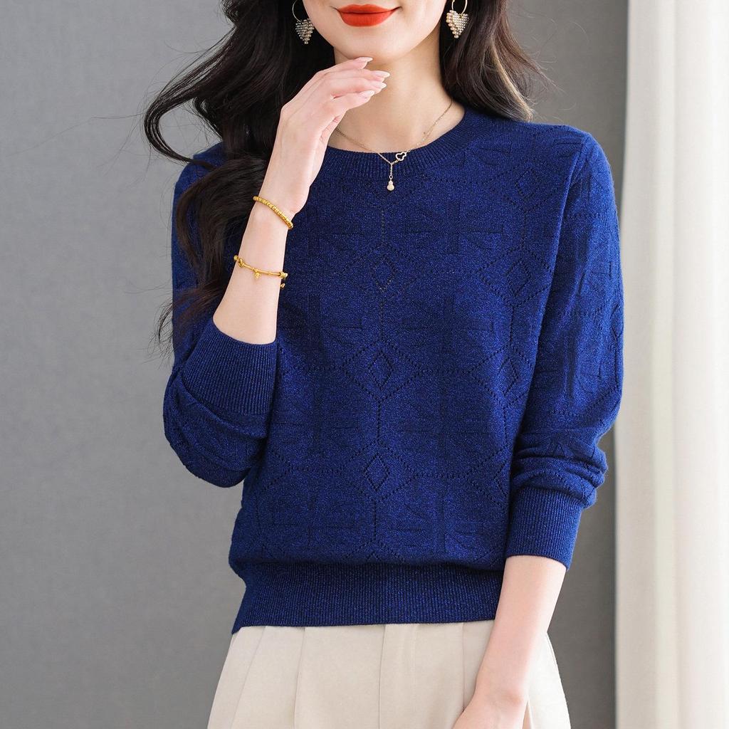 Women's Wine Red Versatile Round Neck Long Sleeve Knitted Sweater - Loose Fit and Slimming Fashionable Inner Wear