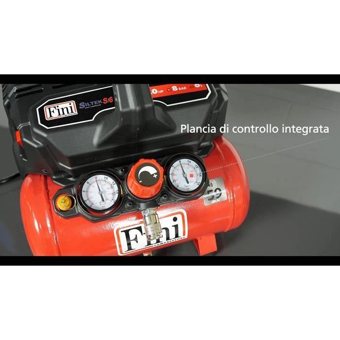 Fini compresseur silencieux 2 manomètres (59 db), 6 l, 1,0 hp, 8 bar, 750 w, 230 v, rouge - siltek s/6