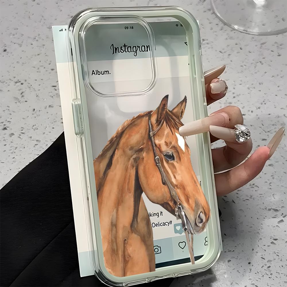 Retro Watercolor Horse Pattern Clear Phone Case For iPhone 17Air 16 15 14 13 12 11 Pro Max 14 Plus 2 In 1 Candy Color Soft Cover