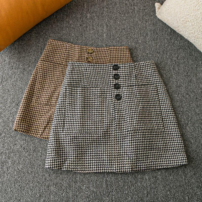 

Spring & Fall Export K-style New Arrival Casual Fashion High Class Elegant Four-Button Wool Plaid Skirt Black and white houndstooth S