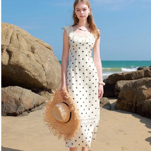 

Элегантное французское белое платье-сарафан в горошек - Лето 2025 Дизайн, подчеркивающий талию и стройнящий фигуру L (Premium)