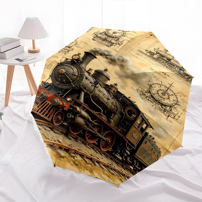 Steam locomotive, Vintage illustration Themed Automatic Opening and Closing Umbrella, Brightly Colored 8-rib Portable Umbrella, Suitable for